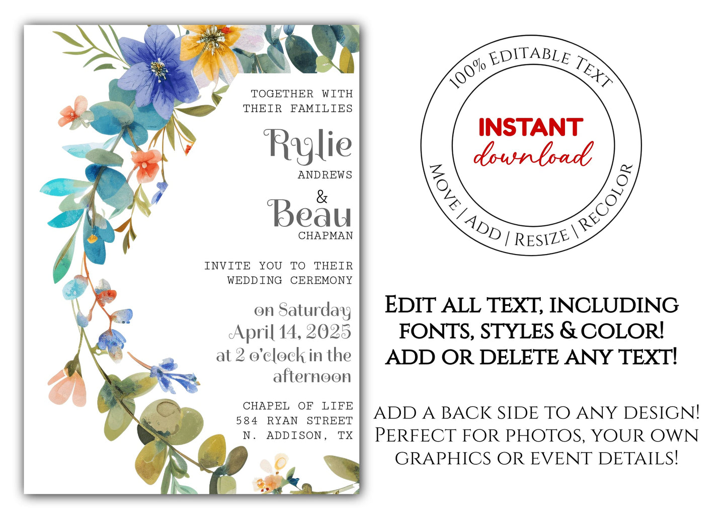 Floral Wedding Invitation Template - Printable & Digital